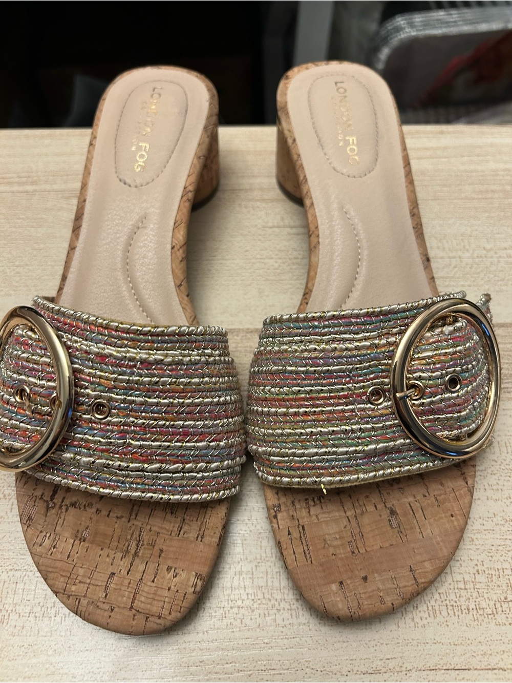 London Fog Multicolor Woven Cork Slide Sandals with Gold Buckle